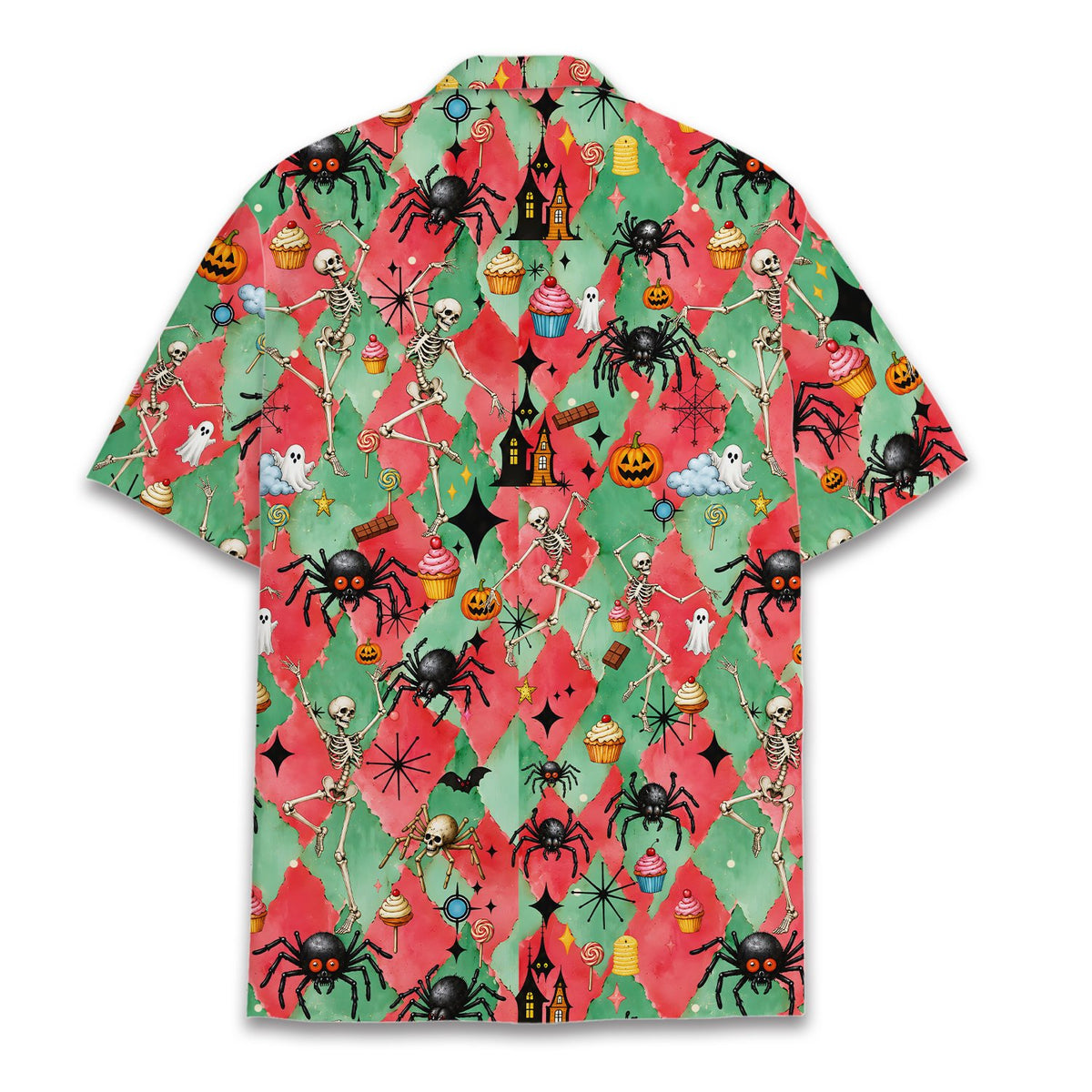 Red halloween hawaiian shirt featuring spooky motifs, back view