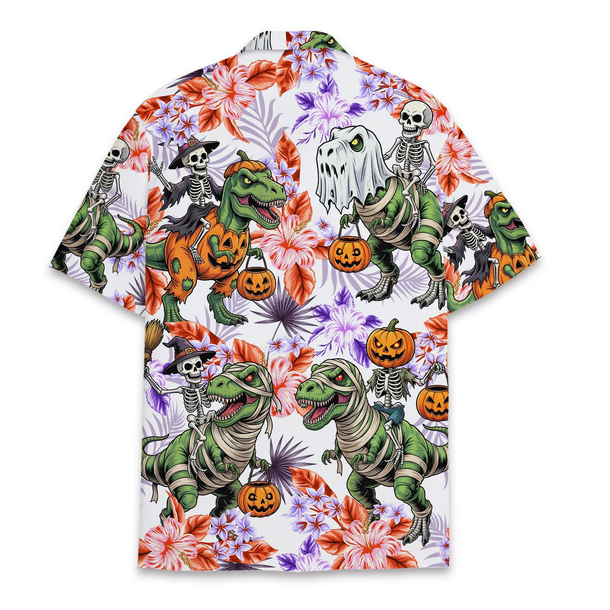 Back view of the matching family halloween hawaiian shirt showing tropical print