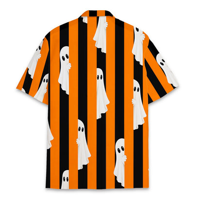 Back view of the Halloween hawaiian shirt featuring white cartoon ghosts