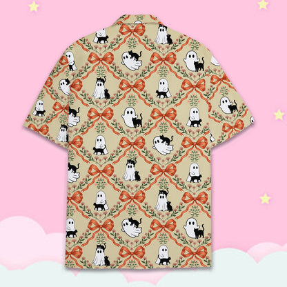 Halloween hawaiian shirt with ghosts and black cats on beige background, back view