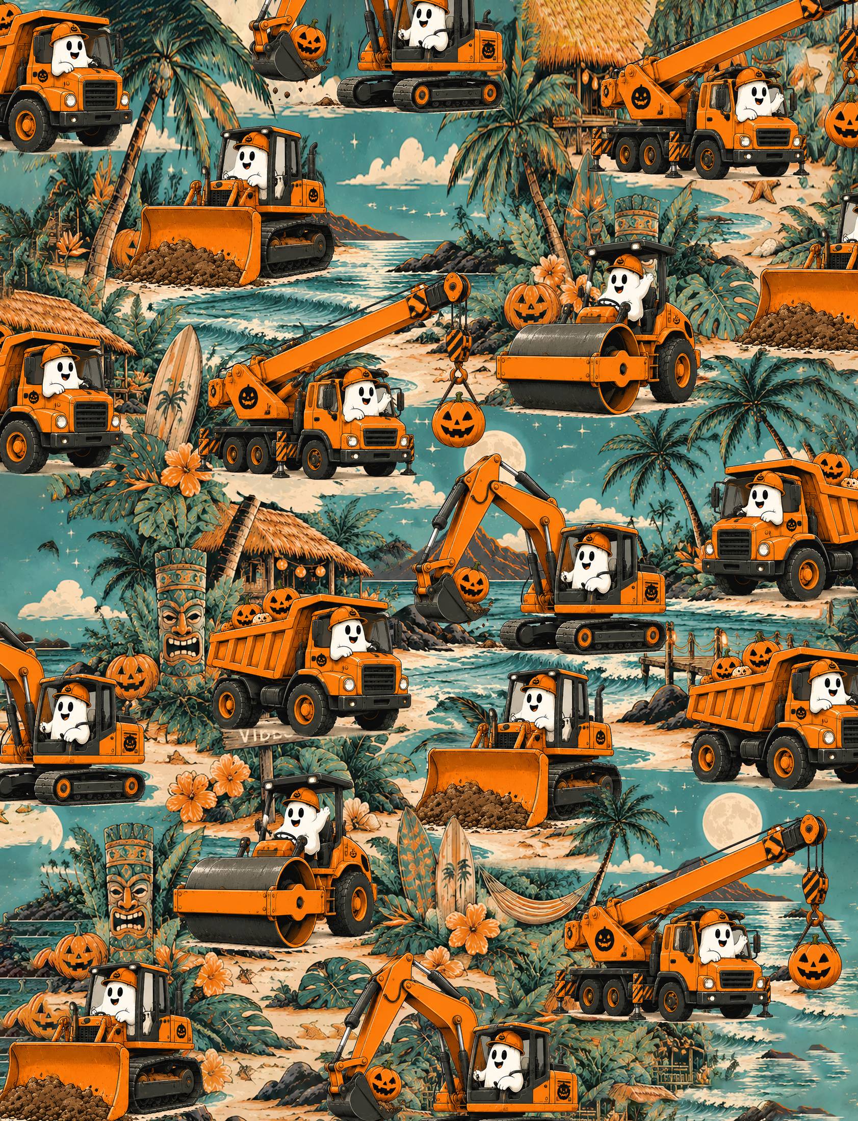 Teal halloween hawaiian shirt fabric detail showing ghost and pumpkin design