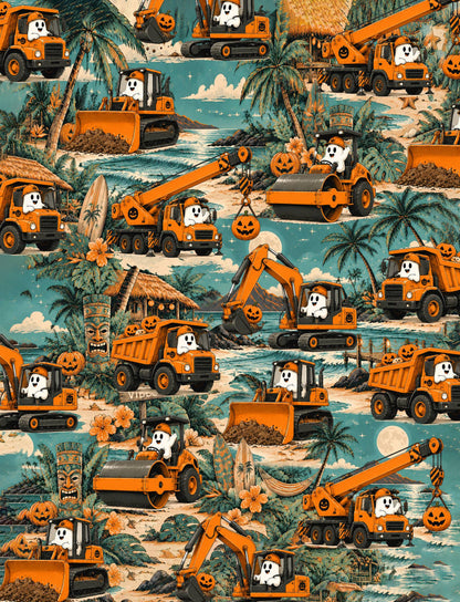Teal halloween hawaiian shirt fabric detail showing ghost and pumpkin design