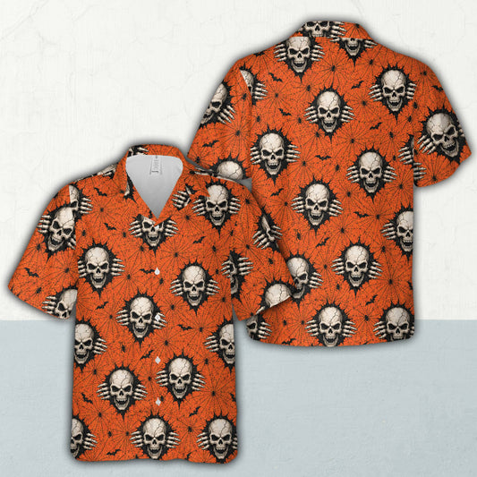 Front view of the orange halloween hawaiian shirt featuring a skull and bat design