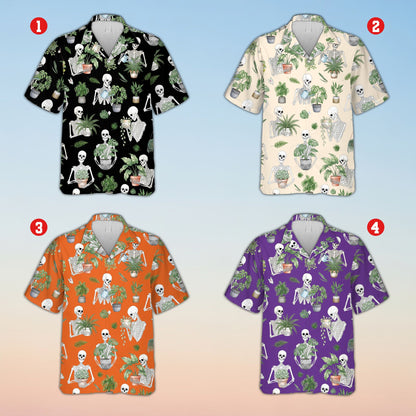 Multicolor halloween hawaiian shirt front view with skeletons and plants