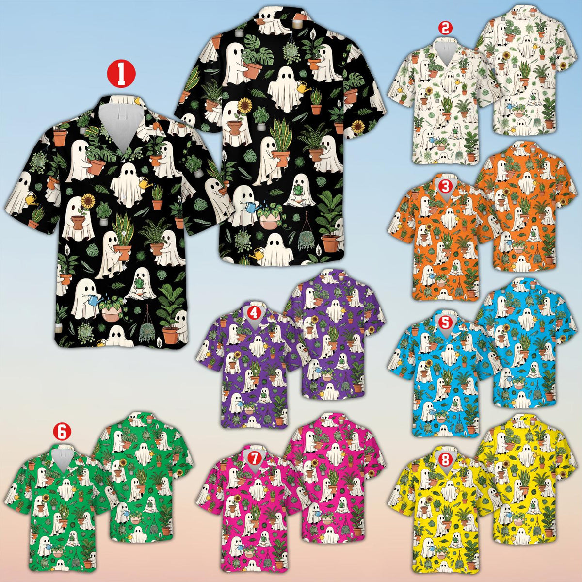 Matching family halloween hawaiian shirt with ghosts and plants, multicolor background, front view
