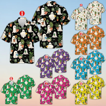 Matching family halloween hawaiian shirt with ghosts and plants, multicolor background, front view