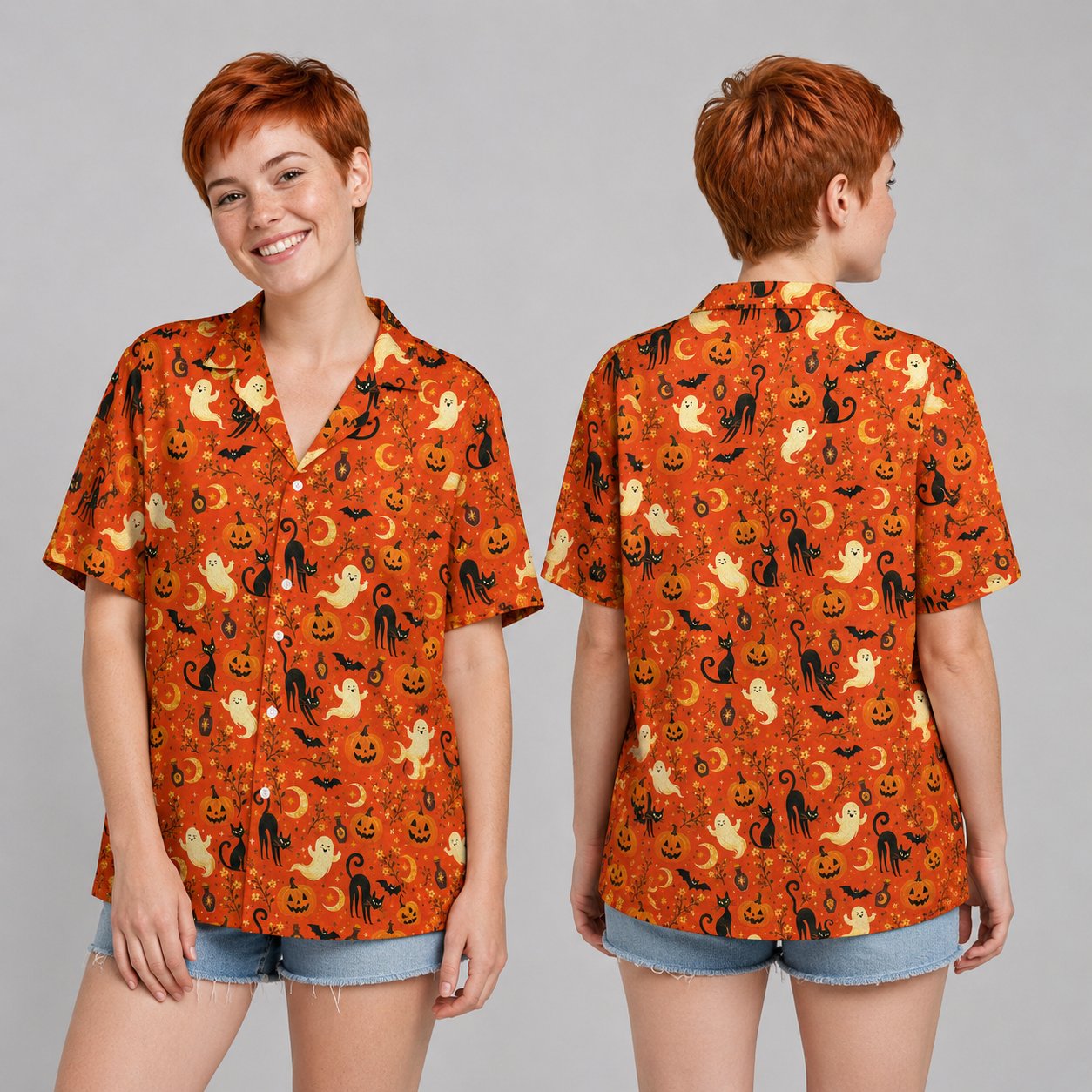 Main view of the holiday hawaiian shirt featuring an orange background with classic Halloween icons