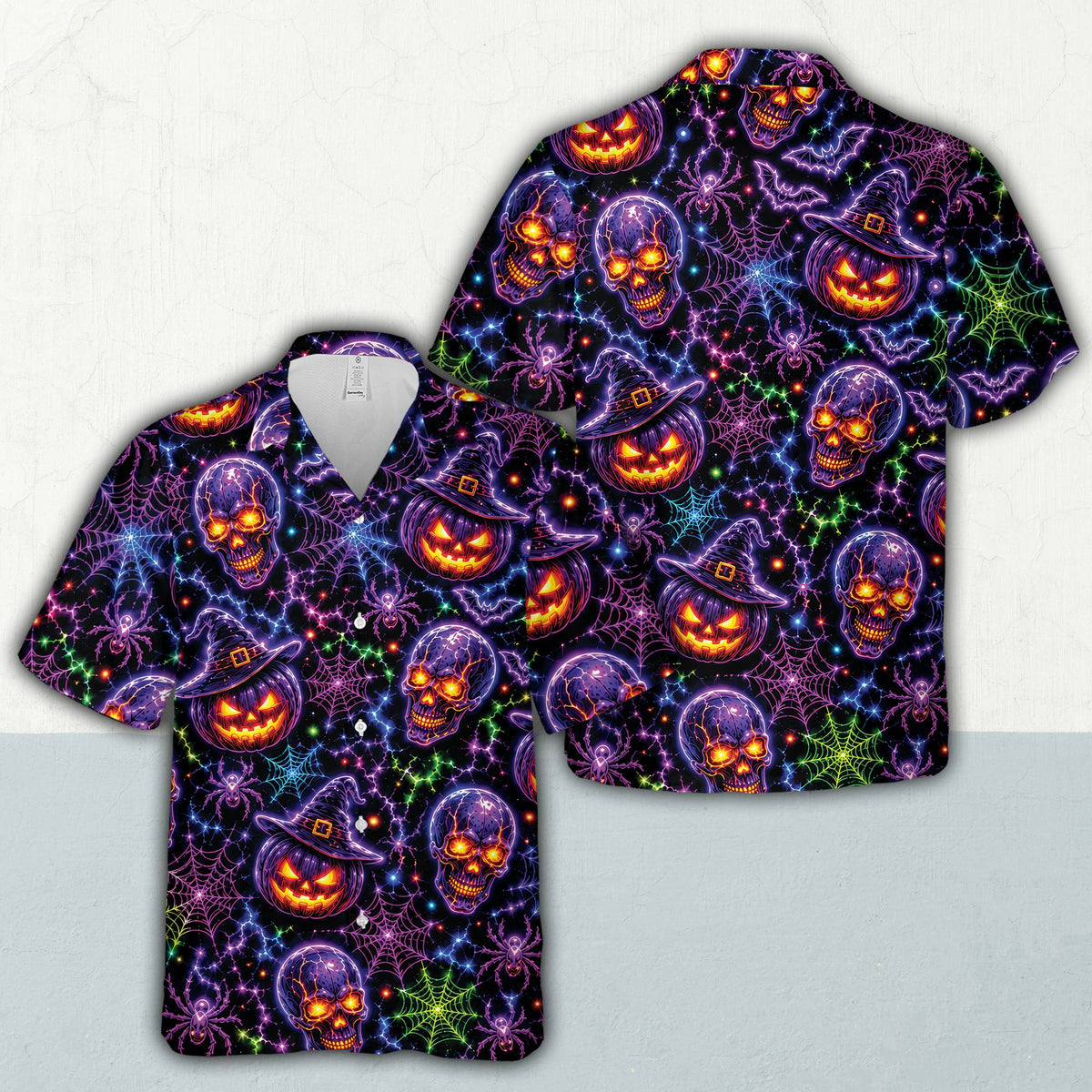 Halloween hawaiian shirt with glowing neon pumpkins and skulls against a dark background, front view