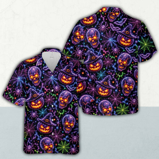 Halloween hawaiian shirt with glowing neon pumpkins and skulls against a dark background, front view