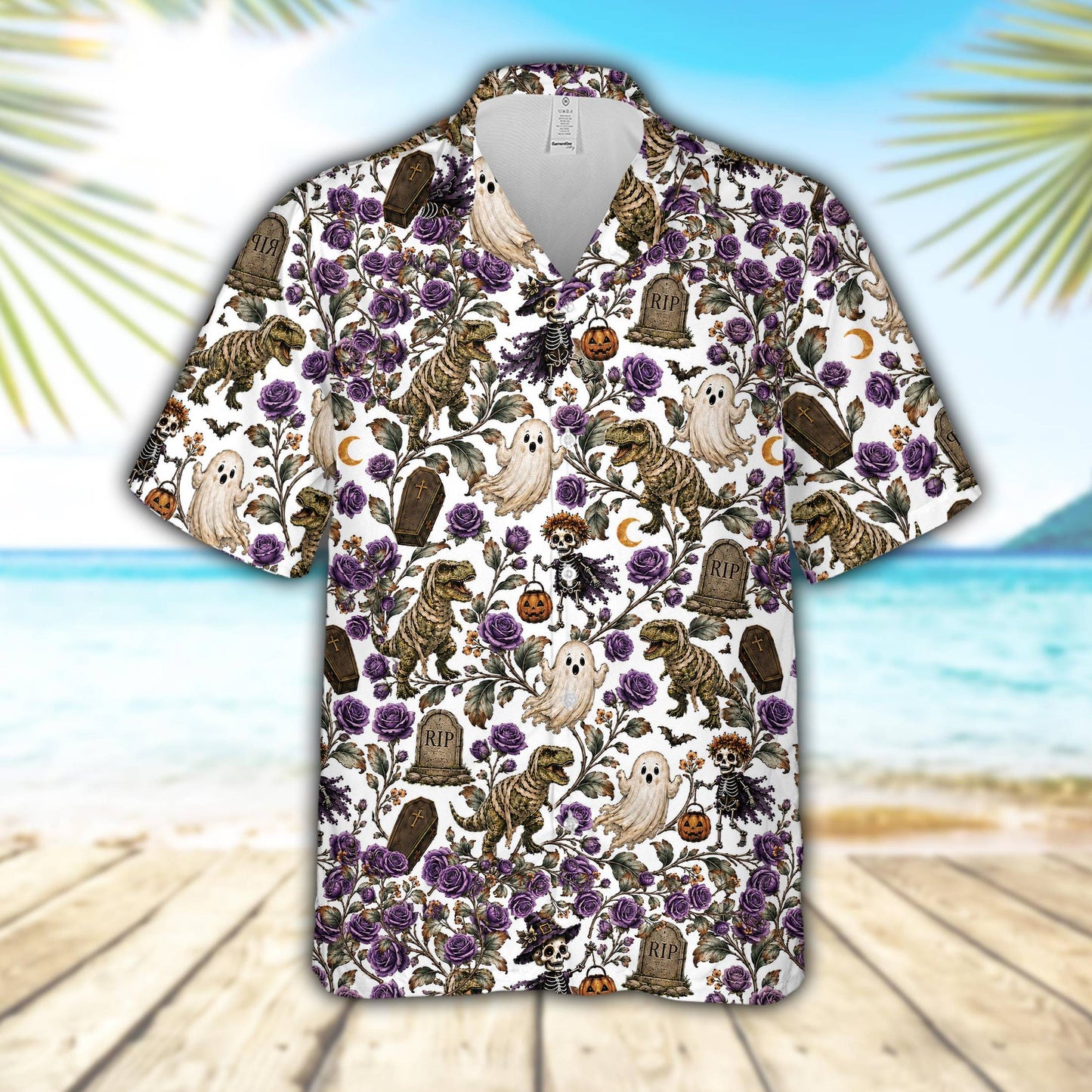 White halloween hawaiian shirt featuring skeletal T-Rex and ghosts, front view