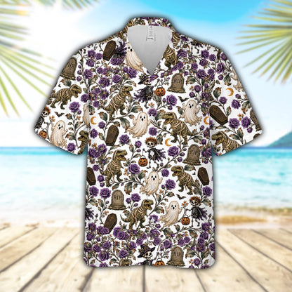 White halloween hawaiian shirt featuring skeletal T-Rex and ghosts, front view