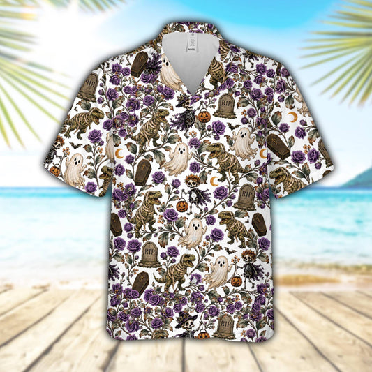White halloween hawaiian shirt featuring skeletal T-Rex and ghosts, front view