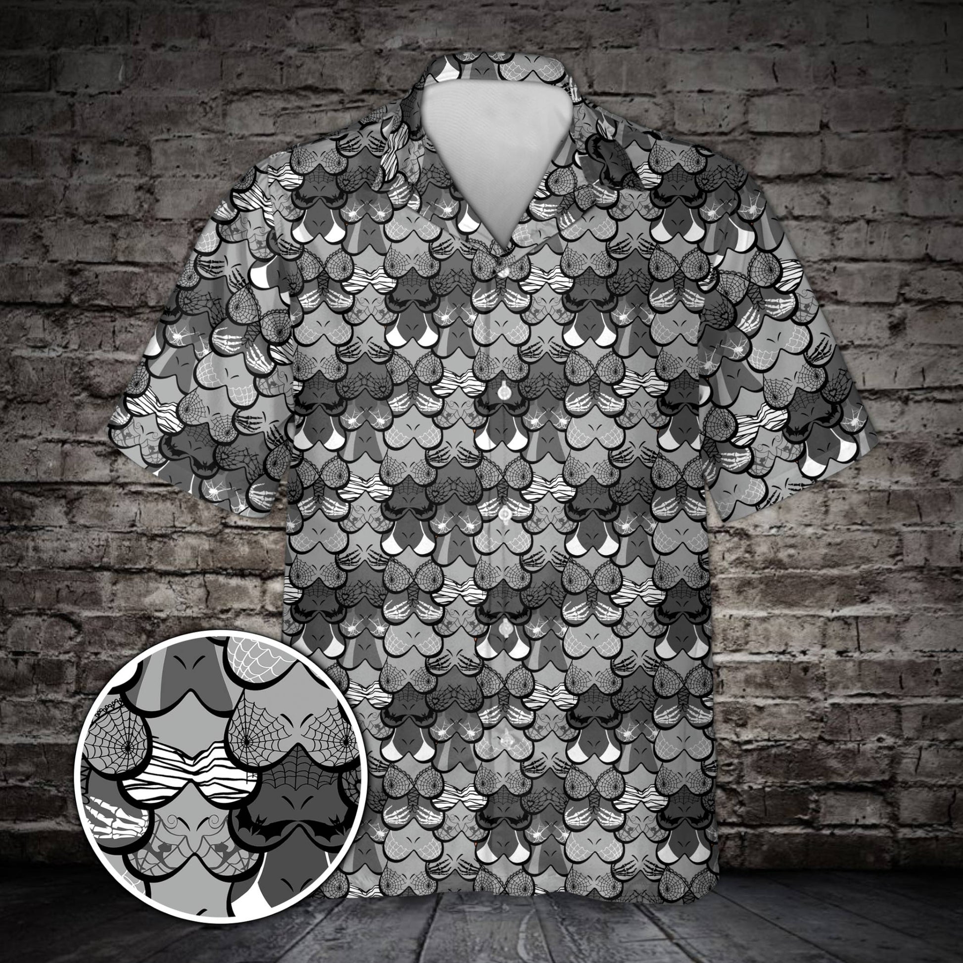 Multicolor matching family hawaiian shirts with spooky halloween pattern, front view