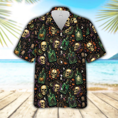 Front view of black halloween hawaiian shirt with glowing green potions and skulls
