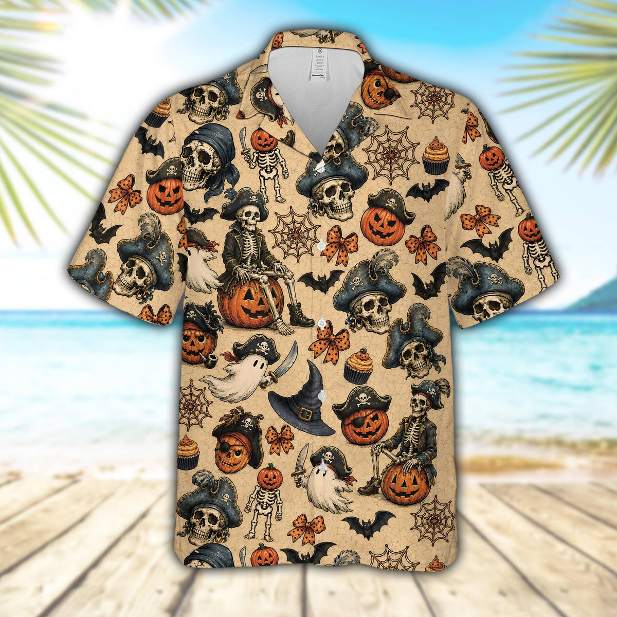 Beige halloween hawaiian shirt featuring a vintage pattern of skeletons and ghosts, main view