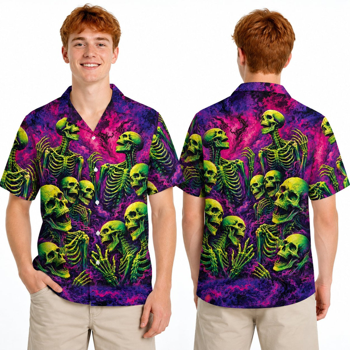 Halloween hawaiian shirt featuring green skeletons on a purple and magenta smoky background, main view