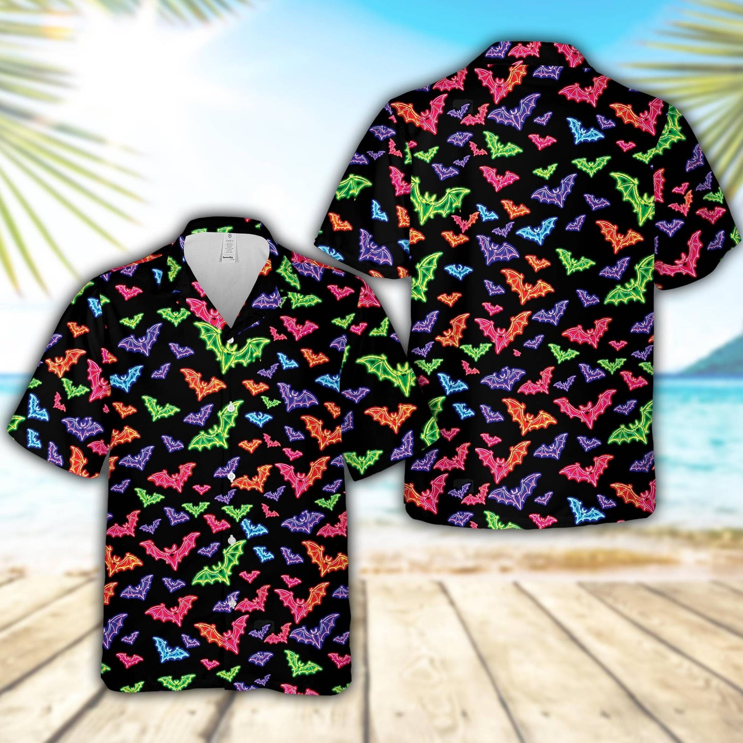 Matching family Hawaiian shirts with neon bats on a black background, main view