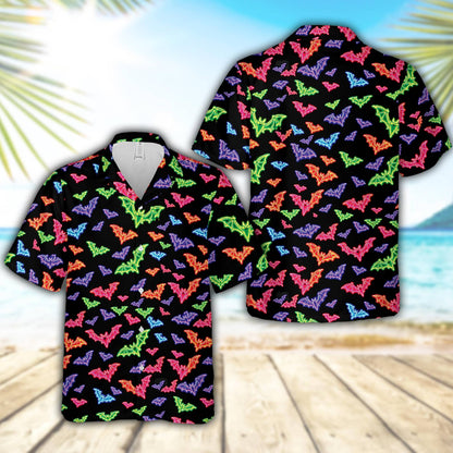 Matching family Hawaiian shirts with neon bats on a black background, main view