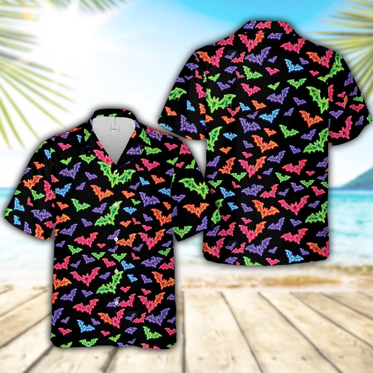Matching family Hawaiian shirts with neon bats Halloween design, front view