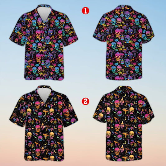 Matching family hawaiian shirts featuring a colorful halloween skulls and mushrooms pattern, main view