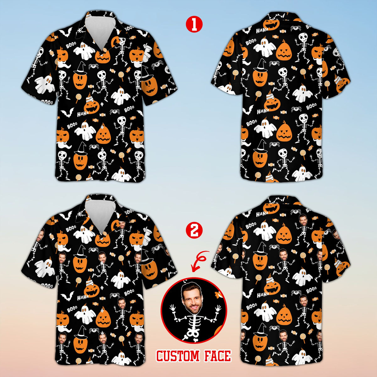 Main view of personalized halloween hawaiian shirt featuring ghosts and pumpkins