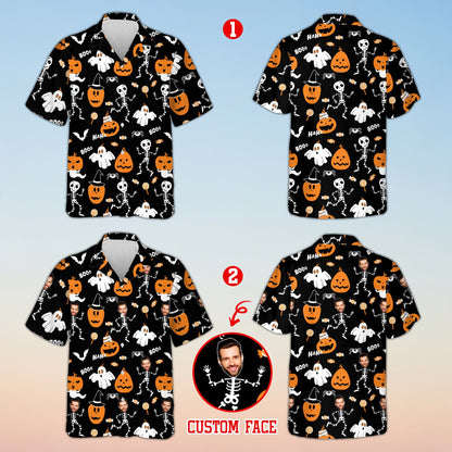 Front view of black and orange matching family hawaiian shirts
