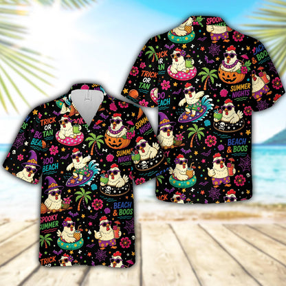 Main view of the matching family halloween hawaiian shirt with spooky surfing chickens on a black background