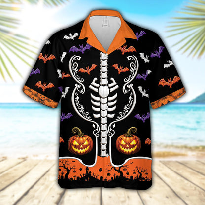 Front view of the black Halloween hawaiian shirt showing the spooky graveyard silhouette border