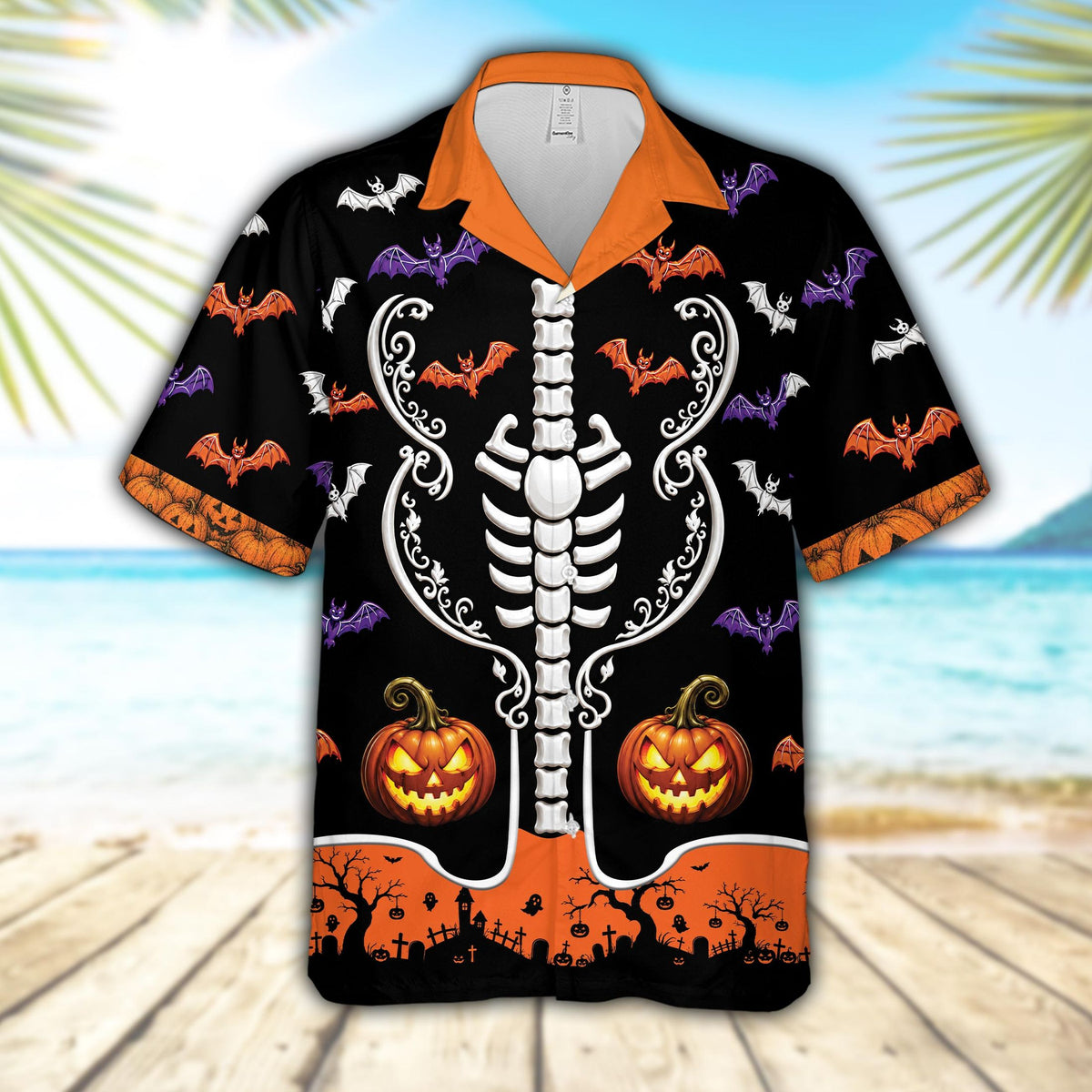 Main view of the Halloween hawaiian shirt featuring a skeleton ribcage and flying bats