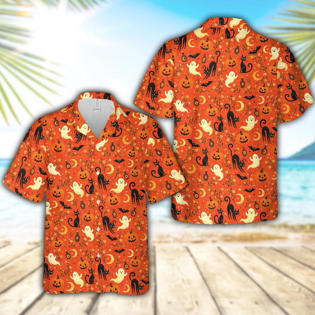 Another front view of the halloween hawaiian shirt showing vibrant black cats and bats