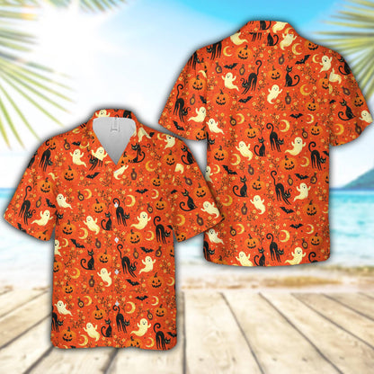 Another front view of the halloween hawaiian shirt showing vibrant black cats and bats