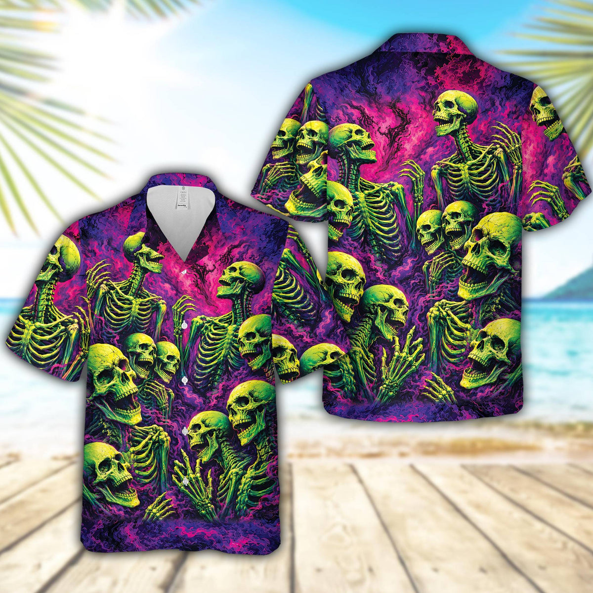 Alternate front view of the purple and magenta smoky halloween hawaiian shirt