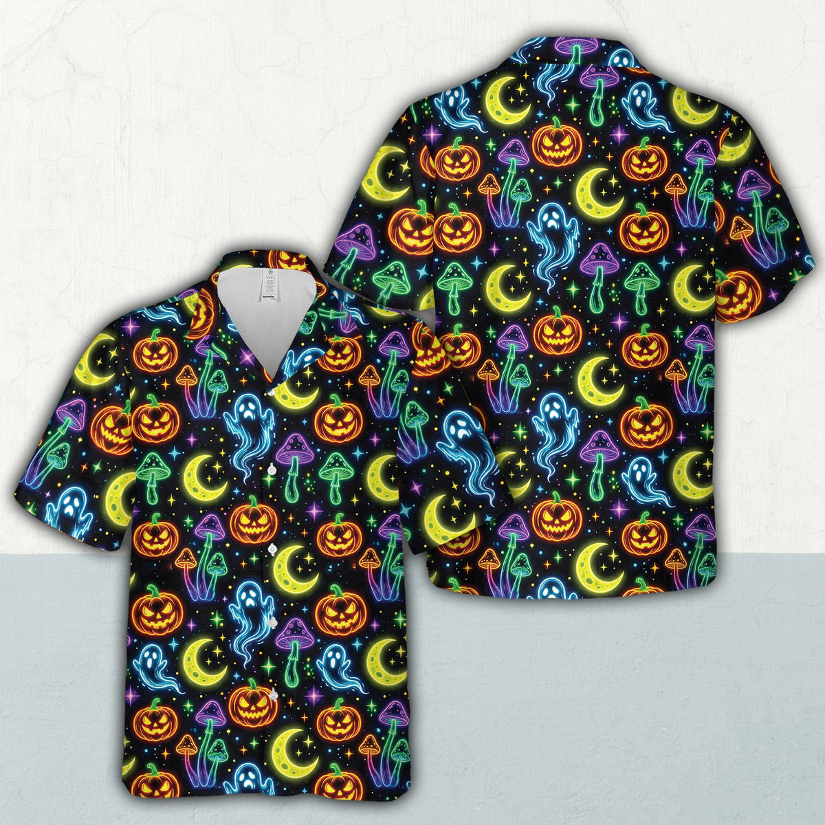 Neon pumpkins and ghosts on Halloween hawaiian shirt front view