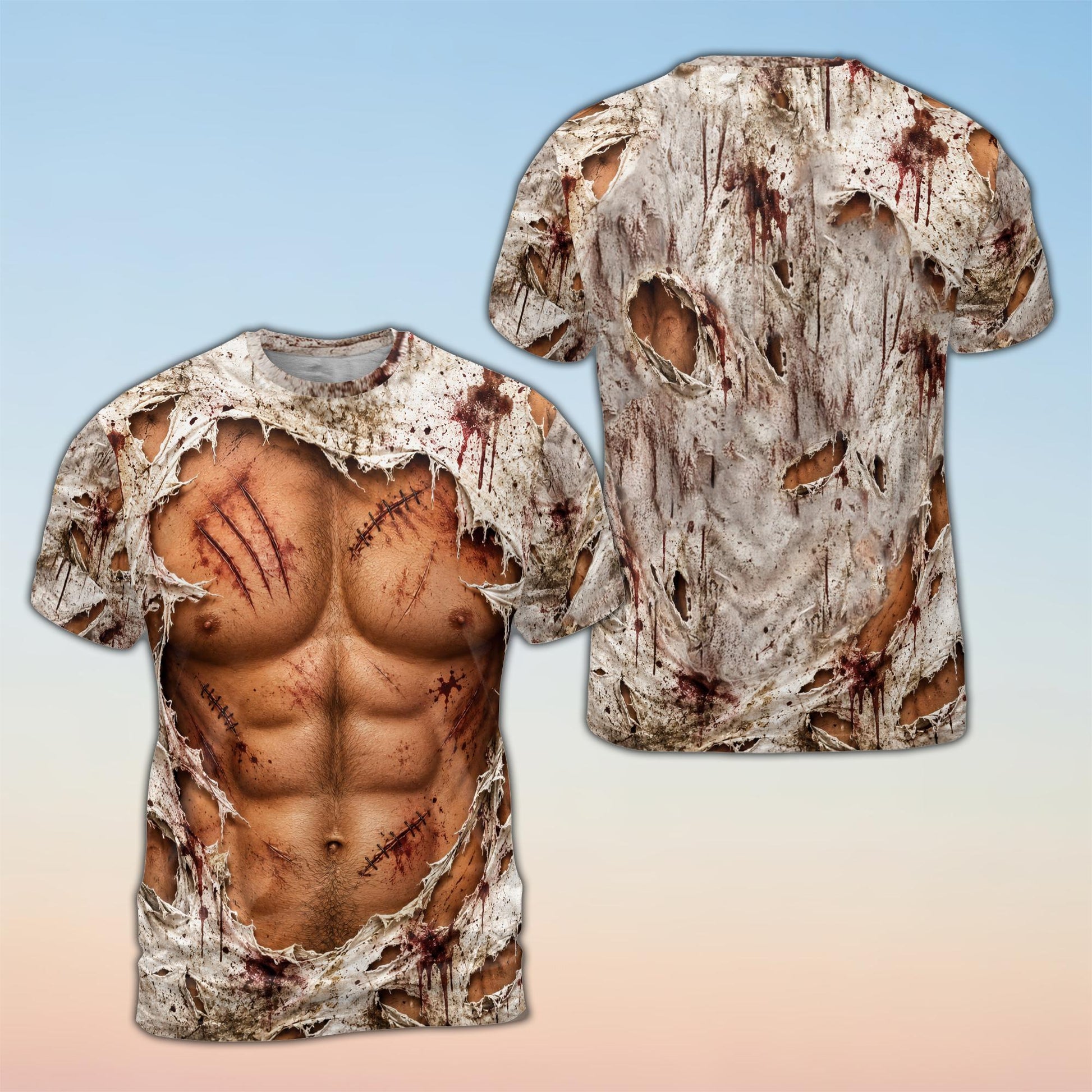 Front view of the bloody torn skin hawaiian shirt with beer belly design on hanger
