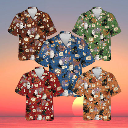 Detailed front view of the halloween hawaiian shirt showing the collar and button-down style