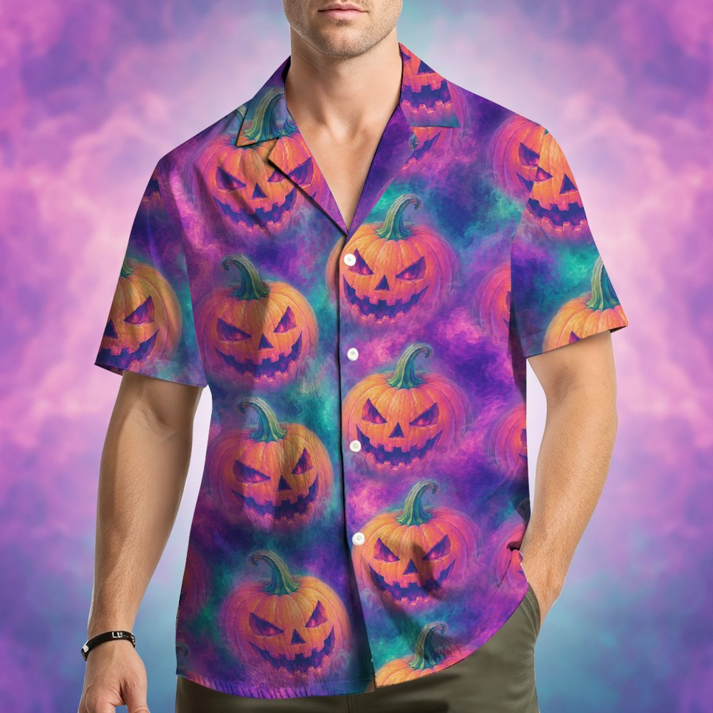 Front angle of the purple and teal matching family hawaiian shirt