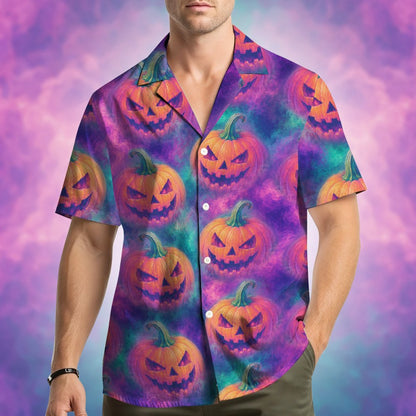 Front angle of the purple and teal matching family hawaiian shirt
