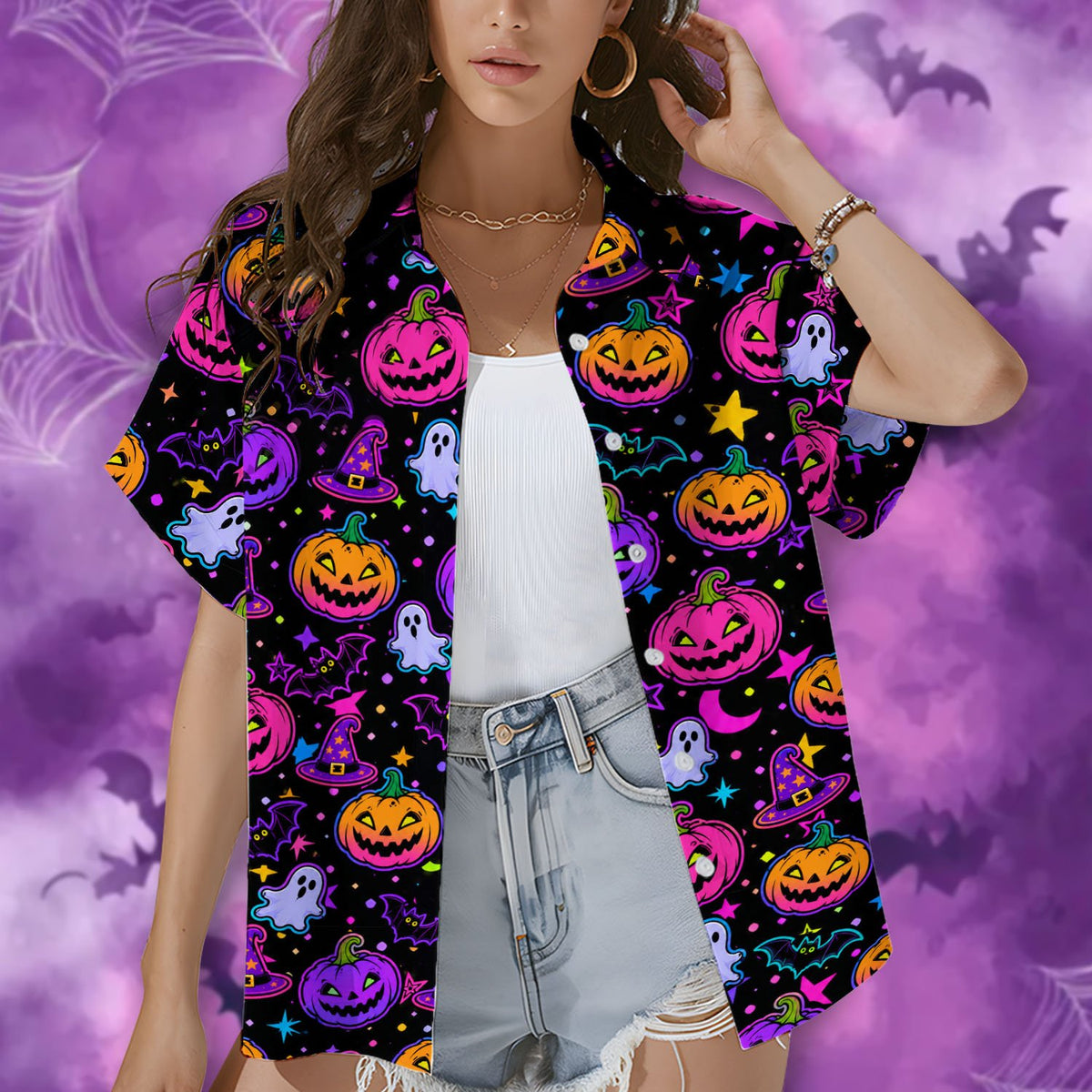 Additional front view of the Halloween hawaiian shirt highlighting the witch hats and bats