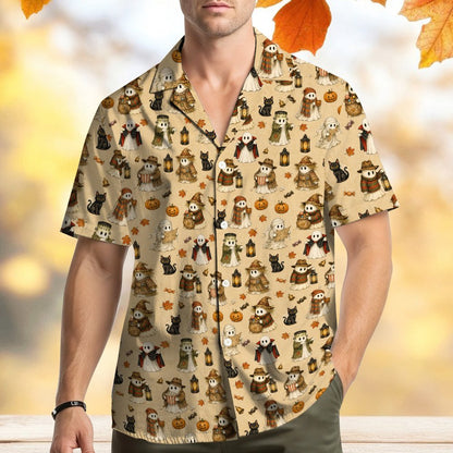 Detailed front view of the halloween hawaiian shirt showing the collar and button details