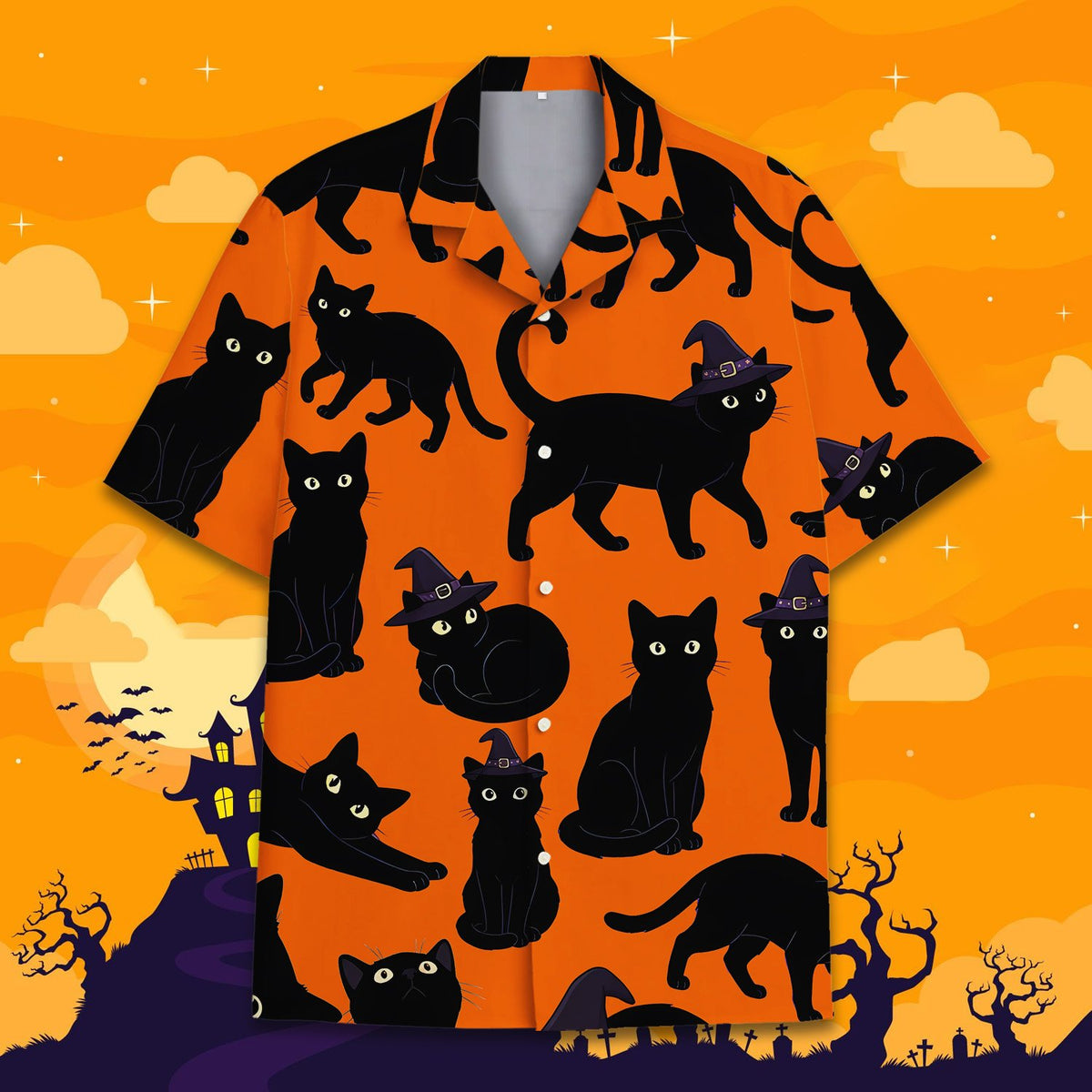 Second front view of the halloween hawaiian shirt featuring black cats and purple witch hats on solid orange