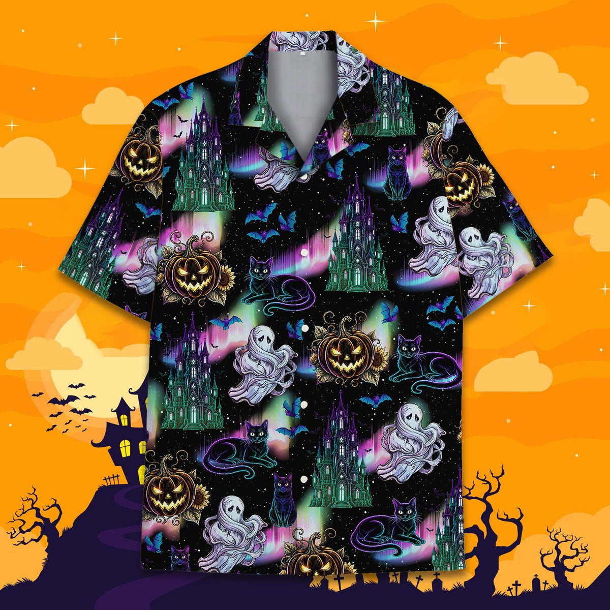 Front view of the matching family Hawaiian shirt, alternate lighting