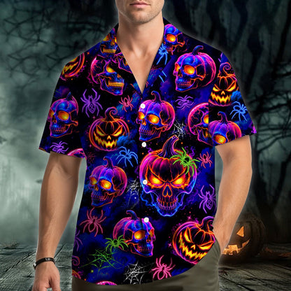 Close-up front view of the halloween hawaiian shirt showing neon details