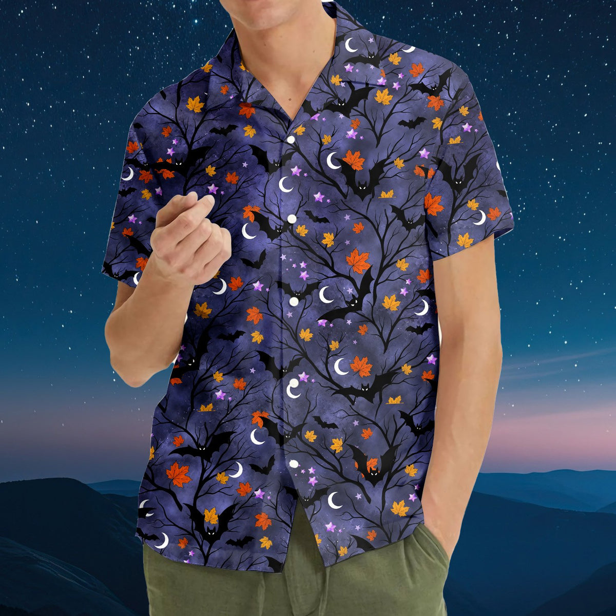 Matching family halloween hawaiian shirt featuring bats, moons, and bare trees on a purple background, front view alternate