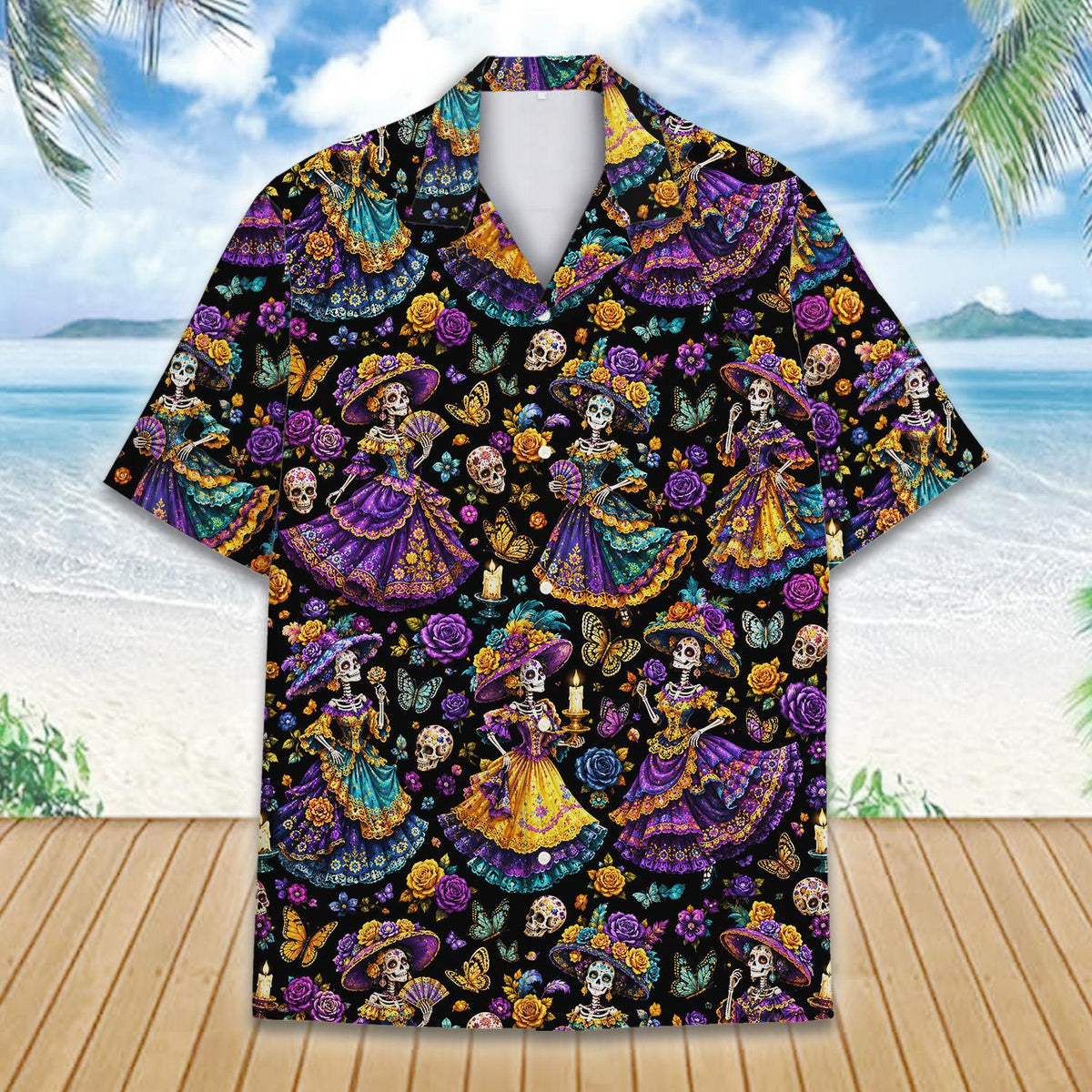 Detailed front view of the Halloween hawaiian shirt showing vibrant purple and teal accents