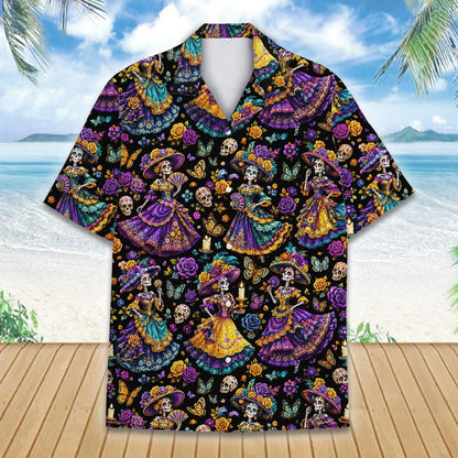 Detailed front view of the Halloween hawaiian shirt showing vibrant purple and teal accents