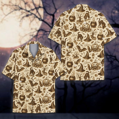 Detailed front view showing the vintage halloween pattern on the hawaiian shirt