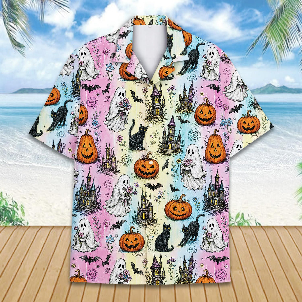 Close up front view of the colorful halloween hawaiian shirt