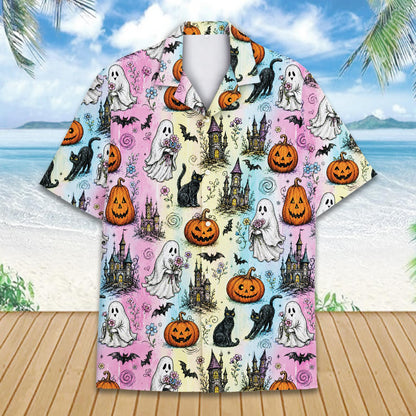 Close up front view of the colorful halloween hawaiian shirt