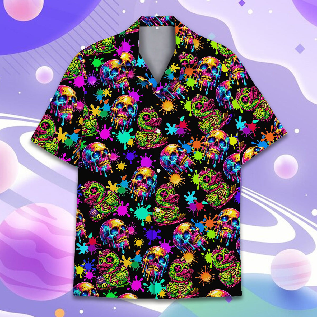 Alternative front view of the matching family hawaiian shirt with neon graphics