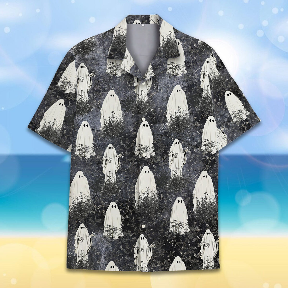 Close-up front view of the halloween hawaiian shirt showing white ghosts on a dark background